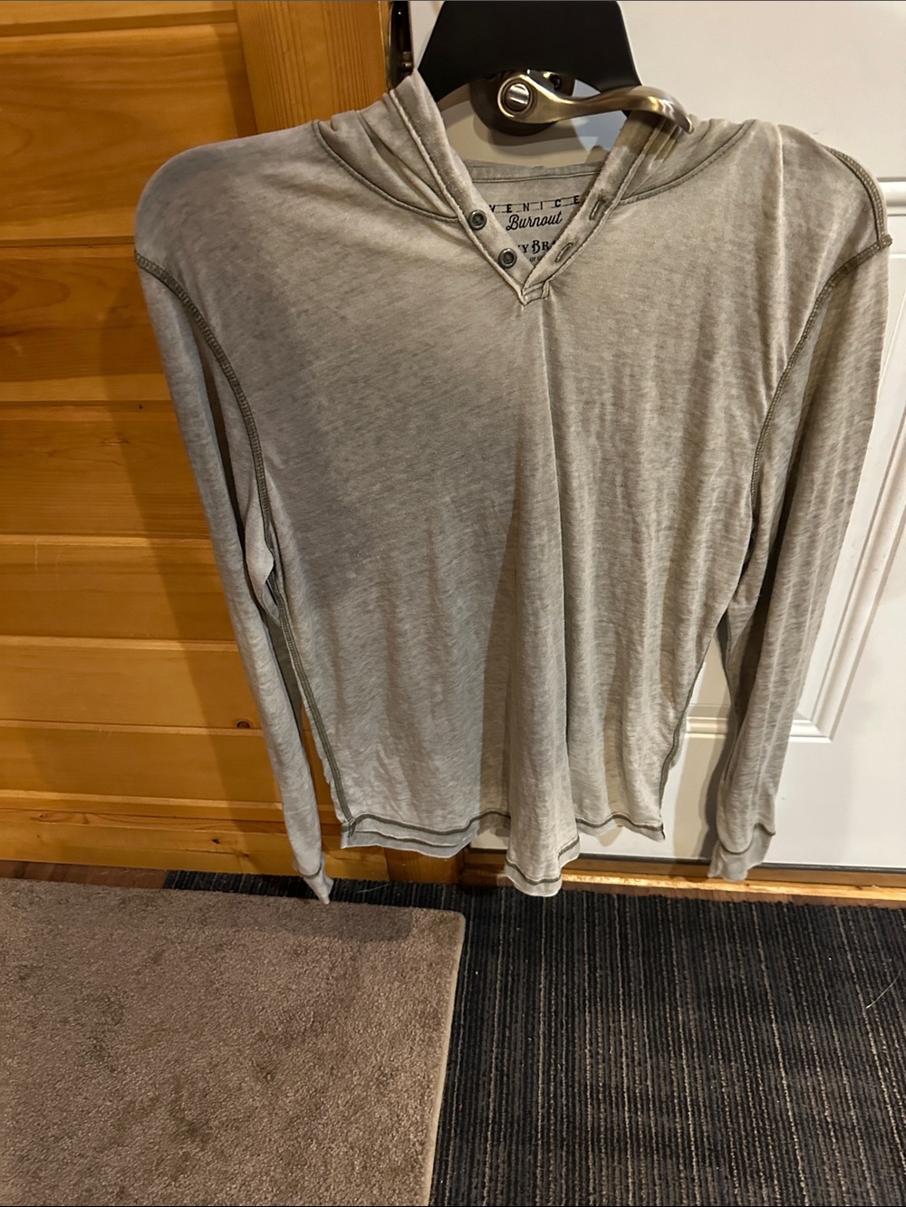 Lucky Brand Grey V‑Neck Hooded Burnout Tee